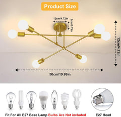 6-Light Modern Gold Sputnik Chandelier, Industrial Semi Flush Mount Ceiling Light Fixture, E27 Hardwired Metal Lamp for Living Room Dining Room