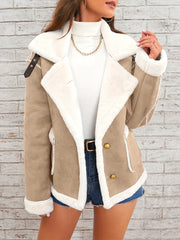 Women's Elegant Lapel Collar Plush Jacket with White Fur-Like Trim - Winter Warm Coat, Structured Fit Front Button Closure, Hand Washable Outerwear for Daily Travel & Holiday Outfits (Solid Color, Autumn/Winter) - Versatile Casual to Semi-Formal Wear