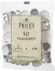 Prices Patent Candles White Tealights Bag, Pack of 50, Wax, L X 3.8Cm W X 1.8Cm H, Unscented