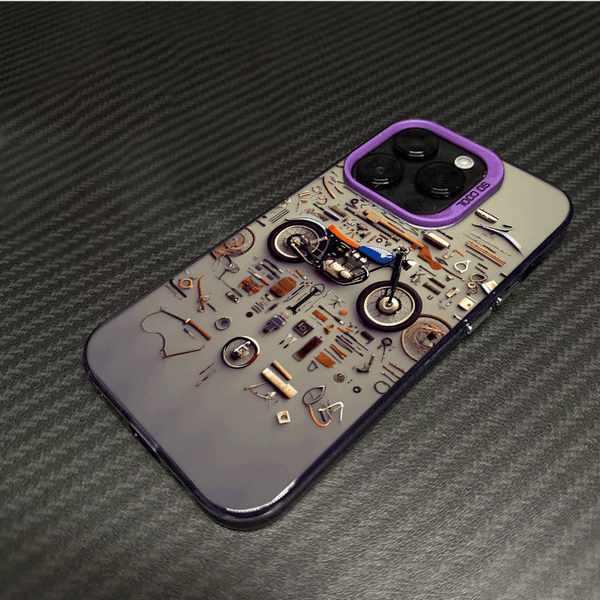 Phone Case - A Colorful Silver Phone Case Featuring a Retro Motorcycle Parts Disassembled Art Design, Compatible with Various for Iphone Including for Iphone 17 Pro Max, 16, 15, 14, 13, 12, And 11 Series, Designed to Be Stylish And Anti-Fall