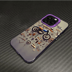 Phone Case - A Colorful Silver Phone Case Featuring a Retro Motorcycle Parts Disassembled Art Design, Compatible with Various for Iphone Including for Iphone 17 Pro Max, 16, 15, 14, 13, 12, And 11 Series, Designed to Be Stylish And Anti-Fall