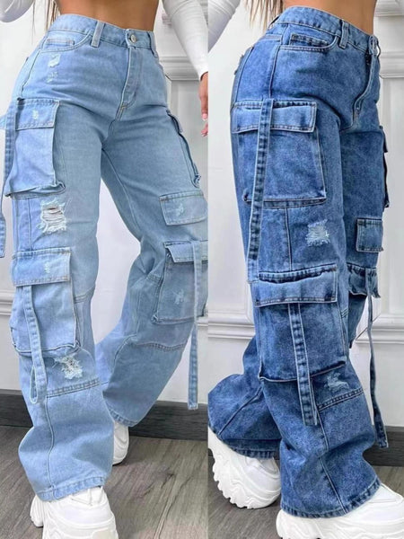 2025 New European And American Fashion Solid Color Versatile Plus-Size High-Waist Multi-Pocket Casual Cargo Jeans