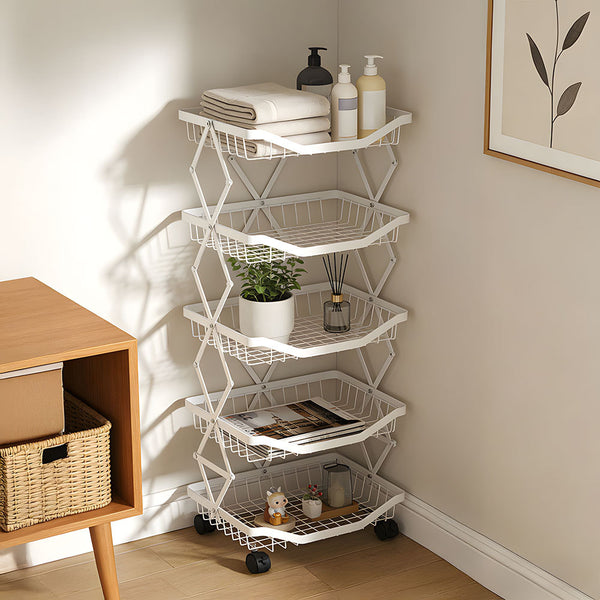 Foldable Kitchen Organizer Cart with 360° Rotating & Multi-Tier Shelves, Large Capacity Metal Vegetable Cart & Organiser - Portable, Space-Saving Storage for Pantry, Utility Room & Kitchen