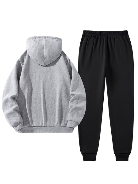 2pcs Cartoon NORWAY Letter Drawstring Hoodie and Sports Trousers Set | Casual Hooded, Slight Stretch Fabric, Patterned, Loose Fit for Men, Ideal for Fall/Winter