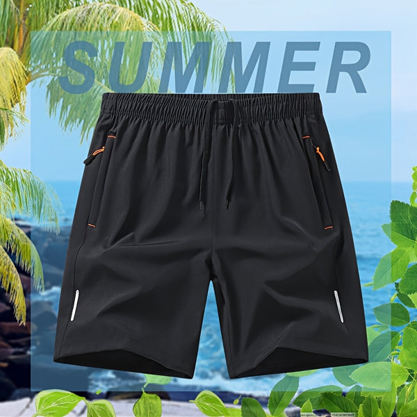 5pcs Men'S Outdoor Sports Quick-Dry Shorts, Breathable Comfort Spandex Blend with Zipper Pockets And Drawstring, Featuring Silvery Reflective Strips, Elastic Waistband, Suitable for Climbing, Tennis, Running, And Outdoor Activities