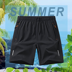 5pcs Men'S Outdoor Sports Quick-Dry Shorts, Breathable Comfort Spandex Blend with Zipper Pockets And Drawstring, Featuring Silvery Reflective Strips, Elastic Waistband, Suitable for Climbing, Tennis, Running, And Outdoor Activities