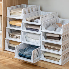 4 Pack Stackable Folding Clothing Storage Basket Drawers Wardrobe Closet Organizer Plastic Clothes Partition Shelf Stackable Hamper Bathroom, Bedroom, Office