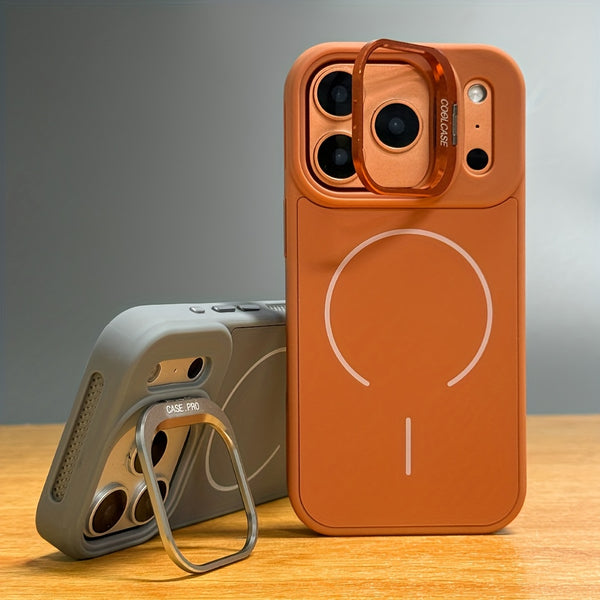 Phone Case - New Orange Premium Magnetic Wireless Charging Phone Case with Metal Stand for Iphone 17 16 15 Pro Max Air 16 Plus Shockproof Armor with Breathable Heat Dissipation And Lens Protection