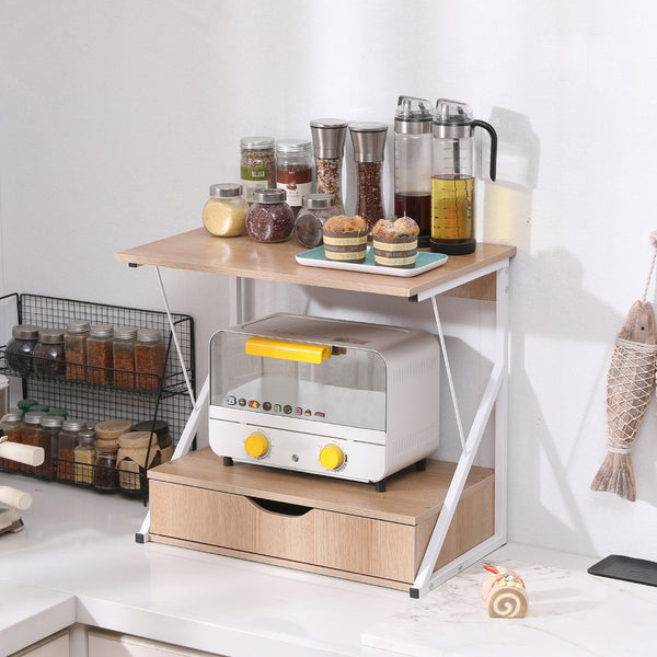 Microwave Oven Shelf Stand with Drawer, 2-Tier Kitchen Countertop Storage Rack Spices Rack Freestanding, Home Office Printer Stand Multifunctional Unit Shelving Wood Top Metal Frame