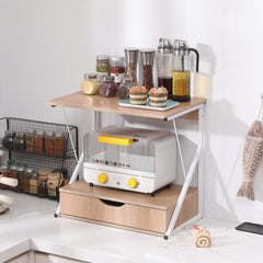 Microwave Oven Shelf Stand with Drawer, 2-Tier Kitchen Countertop Storage Rack Spices Rack Freestanding, Home Office Printer Stand Multifunctional Unit Shelving Wood Top Metal Frame