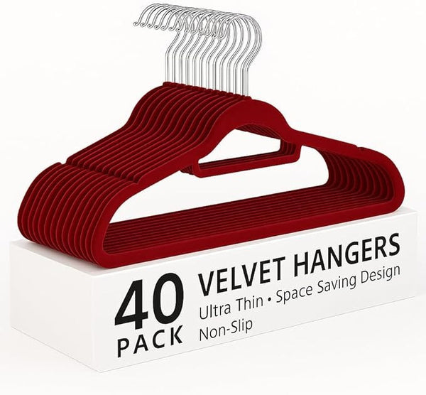 40pcs Red Velvet Hangers for clothes - Premium Non-Slip Space Saving Clothes Hangers With Tie Bar, Notched Shoulder, 360° Swivel Hook, Sturdy For Heavier Garments 45 x 24 Cm