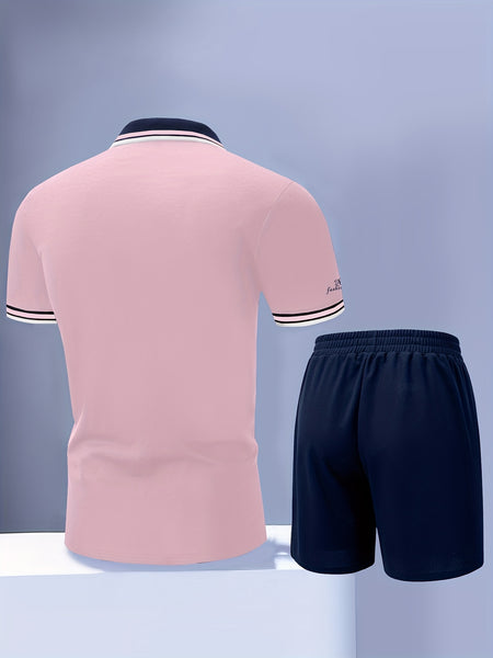 Men'S Polo Shirt Fashion Casual Set Pique Mesh Letter Pattern Top And Bottom