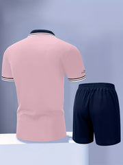 Men'S Polo Shirt Fashion Casual Set Pique Mesh Letter Pattern Top And Bottom