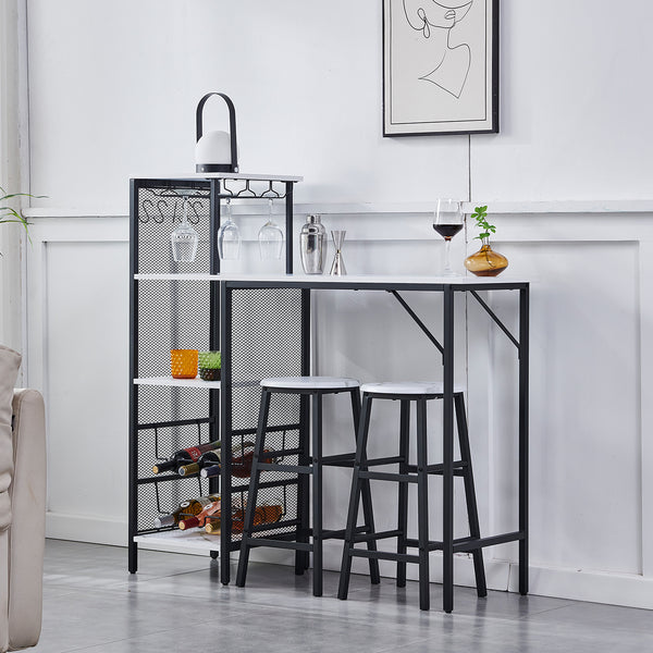 3pcs Bar Table and Stools Set, Kitchen Breakfast Bar Table and Chairs Set 2 with Cup Holder and Wine Rack, Bar Table Sets Furniture for Kitchen, Dining Room, Pub, Cafe
