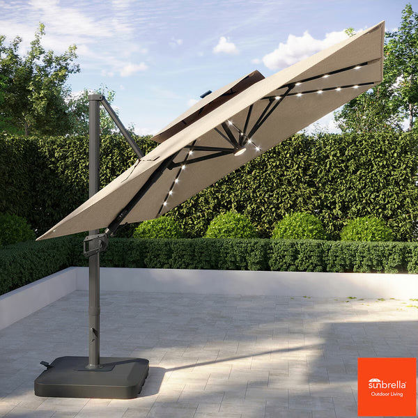 Seasons Sentry 10Ft (3M) Square 2-Tier LED Solar Cantilever Umbrella with Rolling Base in Beige