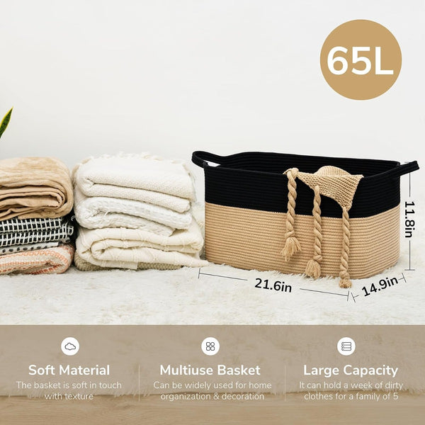 65L Large Storage Basket Blanket Baskets in Living Room, Nursery, Bedroom, Cotton Rope Baskets for Towels, Books, Toys, Dirty Clothes, Baby Storage Organiser, Grey, 65L