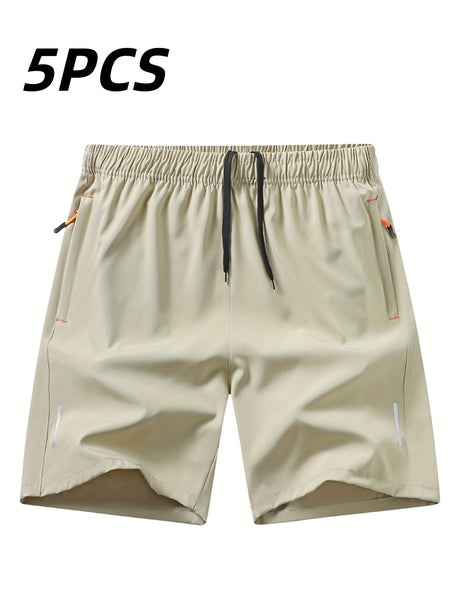 5pcs Men'S Outdoor Sports Quick-Dry Shorts, Breathable Comfort Spandex Blend with Zipper Pockets And Drawstring, Featuring Silvery Reflective Strips, Elastic Waistband, Suitable for Climbing, Tennis, Running, And Outdoor Activities