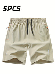 5pcs Men'S Outdoor Sports Quick-Dry Shorts, Breathable Comfort Spandex Blend with Zipper Pockets And Drawstring, Featuring Silvery Reflective Strips, Elastic Waistband, Suitable for Climbing, Tennis, Running, And Outdoor Activities
