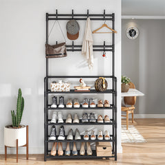 5 Tier Shelves Metal Coat Rack Stand with Shoe Storage Hallway Furniture With 8 Hooks Hanger, Freestanding Shoe and Coat Hat Stand with Non Woven Fabric Storage Shelf, Multi-Functional Metal Hall Tree for Coats, Hats & Shoes Living Room Bedroom