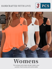 Three-Piece Summer Off-Shoulder Short-Sleeve T-Shirt, Casual Loose Eyelet V-Neck Solid Color Basic Off-Shoulder Short-Sleeve Top