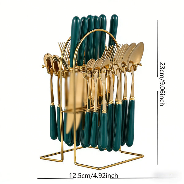 24pcs Stainless Steel Tableware Set with Ceramic Handles, Fork Spoon Set with Utensil Holder, for Home Use/Restaurant, Serves for 6 People