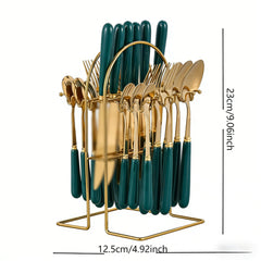 24pcs Stainless Steel Tableware Set with Ceramic Handles, Fork Spoon Set with Utensil Holder, for Home Use/Restaurant, Serves for 6 People