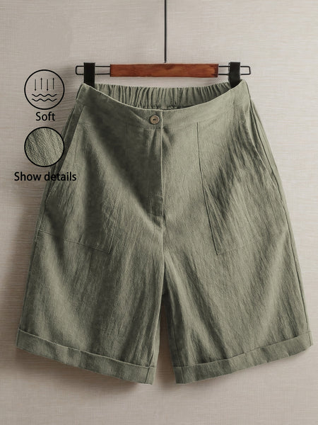 Women'S 100% Linen High Waist Shorts, Elastic Waist Button Front Loose Casual Bermuda Shorts for Daily Commute & Summer Vacation