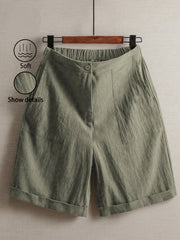 Women'S 100% Linen High Waist Shorts, Elastic Waist Button Front Loose Casual Bermuda Shorts for Daily Commute & Summer Vacation