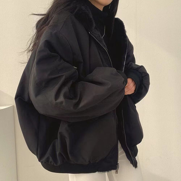 Women's Winter Double-Sided Plush Padded Jacket with Hood & Pockets - Thickened Lamb Outer Coat, Zipper Closure, Solid Color Casual Sweater for Cold Weather (No elastic fabric)