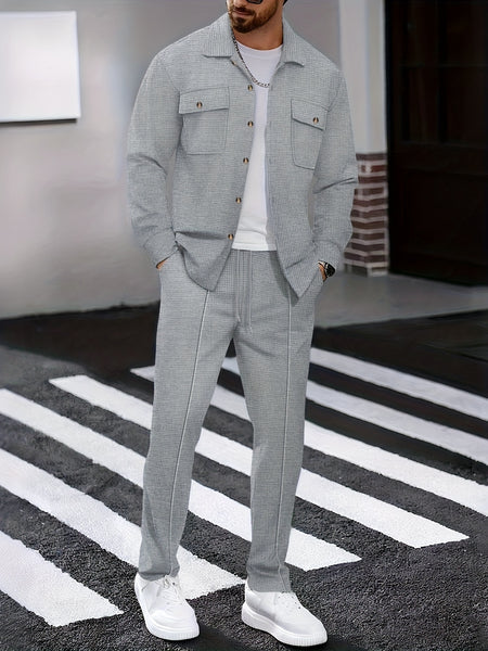 Men's Two-Piece Set, Autumn-Winter Casual Fashion Beach Dual Pocket Turn Collar Long Sleeve Shirt + Trousers Outfit for Fall/Winter Hawaiian Vacation