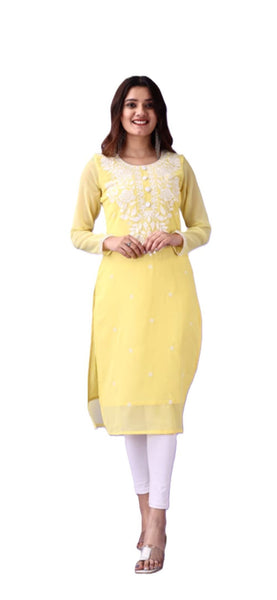 Estationeryhouse Women's Georgette Lucknowi chikankari kurti, Rose Design with Heavy Embroidery, Without Bottom