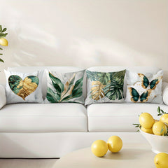 4pcs Green & Golden Leaf & Butterfly Print Cushion Covers