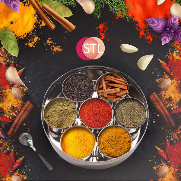 Masala Dabba (Spice Box) | Authentic Indian Style Stainless Steel Masala Dabba | with 7 Removable Compartments & 2 Spoons | See through Lid |