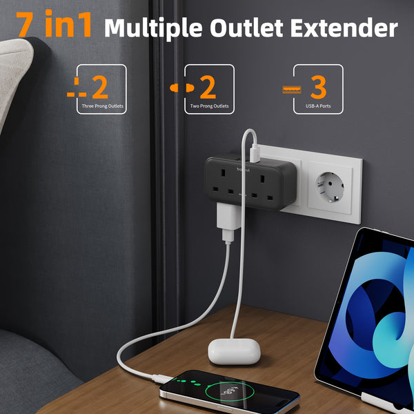 UK to EU Travel Adapter with 3 USB Ports & 2 AC Outlets - 3250W Power Max, 2-Pin Sockets for Germany, France, Spain, Greece, Netherlands, Poland, Portugal - White/Black