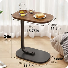 C-Shaped Side Table with Adjustable Height, a 360° Rotating Design That Can Slide Under Furniture, Perfect for Use Beside a Sofa, Bed, Or Bathtub, Featuring a Light Wood End