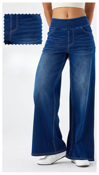 ' High Waisted Wide Jeans - Stretchy Pants with Multiple Pockets, -Washed - Casual Trousers for Jeanswear & Layering (Wide-Waisted Fit)