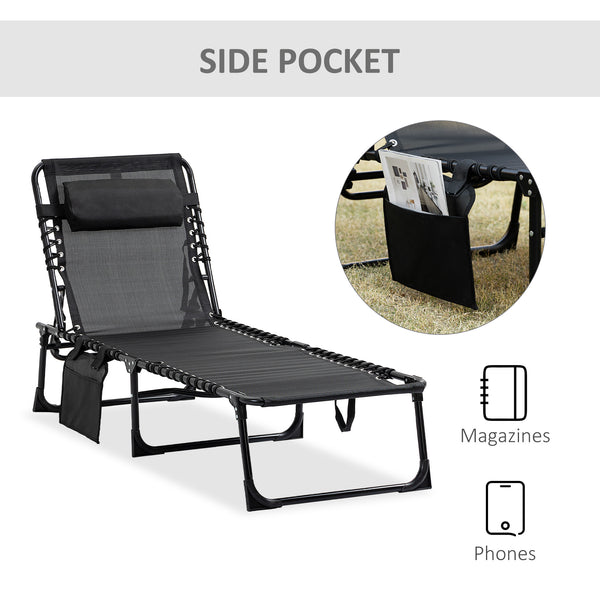 Portable Sun Lounger, Folding Camping Bed with Side Pocket and Pillow for Patio