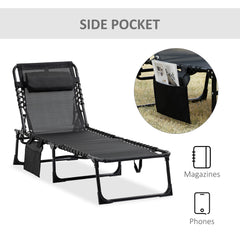 Portable Sun Lounger, Folding Camping Bed with Side Pocket and Pillow for Patio