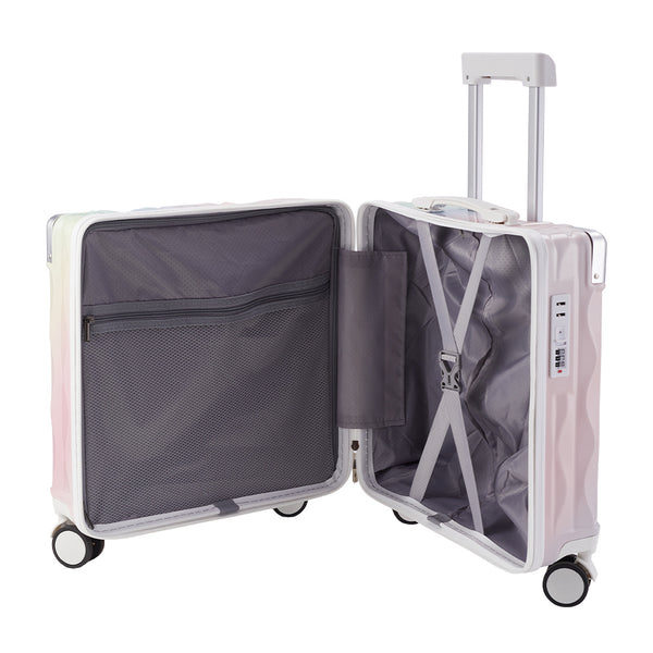 Cabin Luggage, Multifunctional Suitcase, Travel Suitcase, Carry-on Luggage with Cup Holder, Stand, Hook, Dreamy Rainbow Gradient Luggage 18 Inch, Lightweight & Durable Trolley Case with Spinner Wheels