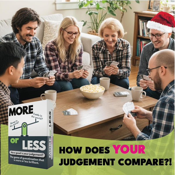 More or Less First Edition Card Game - How Good Is Your Judgement? 2 Players + | Secret Santa or Stocking Filler for Him or Her | for Kids, Teens & Adults | Play Anywhere | Age 12+