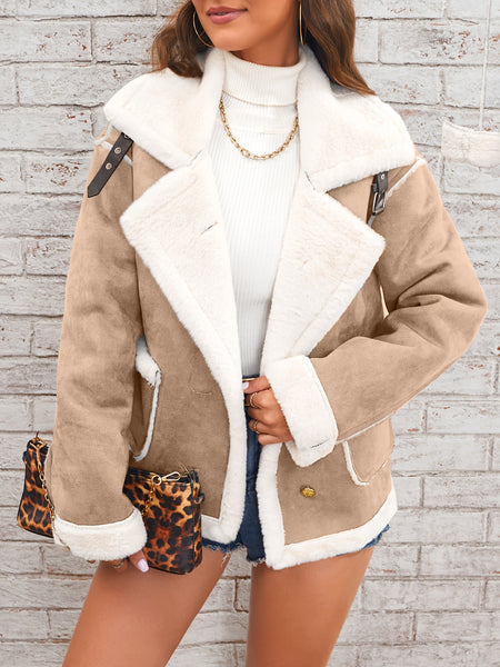 Women's Elegant Lapel Collar Plush Jacket with White Fur-Like Trim - Winter Warm Coat, Structured Fit Front Button Closure, Hand Washable Outerwear for Daily Travel & Holiday Outfits (Solid Color, Autumn/Winter) - Versatile Casual to Semi-Formal Wear