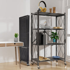 4 Tier Foldable Storage Shelf | Heavy Duty Collapsible Metal Shelf Rack with Wheels, Extra Thick Frame, No Assembly Required, Suitable for Kitchen, Pantry, Closet, Office, Bathroom, Garage Organize, Standing Shelf