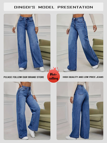 Women'S 2026 Autumn Winter New Stretch Straight-Leg Jeans, High-Waisted Loose Fit Jeans. Washed Blue Denim Trousers with Pockets, Tummy Control Comfort Pants, Elegant Ladies' Outfit, Wide Leg Casual Pants Suitable for Work, Travel And Office Wear