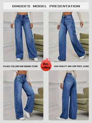 Women'S 2026 Autumn Winter New Stretch Straight-Leg Jeans, High-Waisted Loose Fit Jeans. Washed Blue Denim Trousers with Pockets, Tummy Control Comfort Pants, Elegant Ladies' Outfit, Wide Leg Casual Pants Suitable for Work, Travel And Office Wear