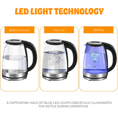 1.8L/1500W Glass Electric Kettles, Glass Kettle with Blue LED and Boil Dry Protection, Cordless Fast Boil Quiet Kettle - Easy to Clean Electric Kettle, BPA Free