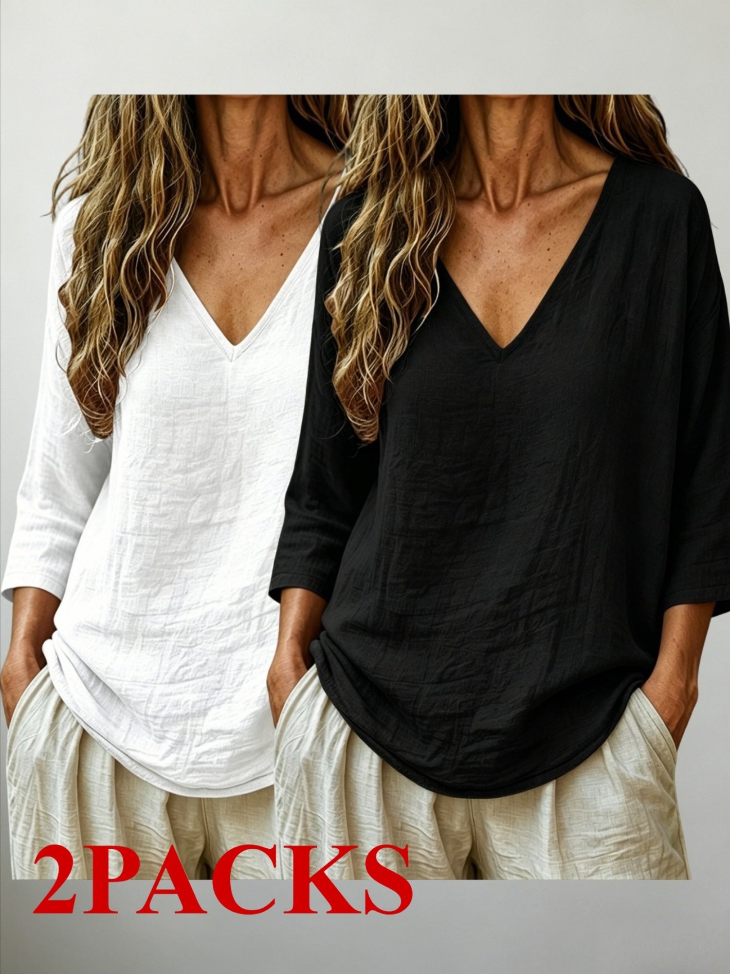 2 PACKS V-Neck 3/4 Sleeve Tops, Women'S Loose Breathable Summer Casual Blouse Shirts