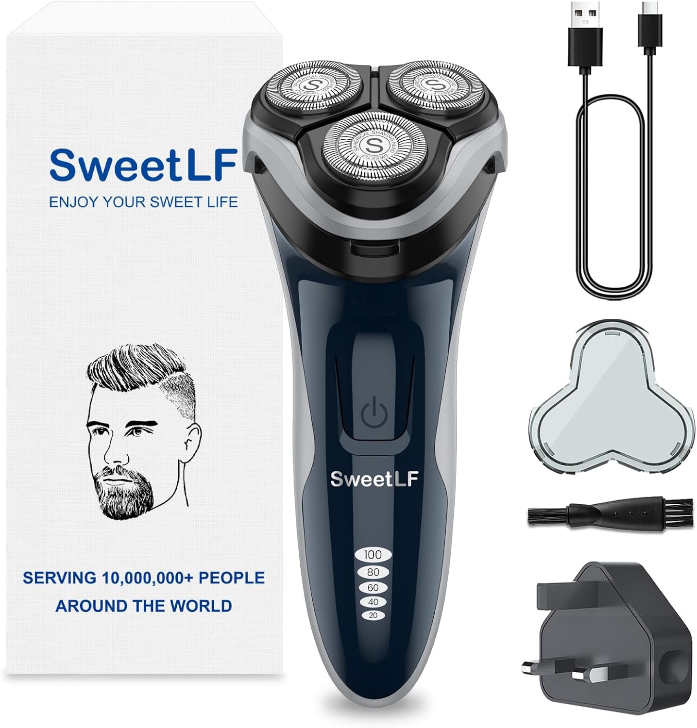 Sweetlf Electric Razor for Men, 120 Min Shaving, Fast UK Adapter (1H Charging),100% Waterproof, Wet & Dry Rotary Shavers for Men with Pop-Up Trimmer, LED Display, Dark Blue