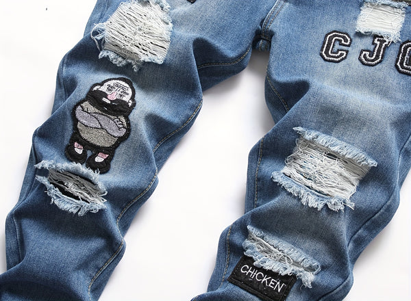 Men's Ripped Jeans with Doll Figure Pattern, Youth Zhang Zai Embroidery, Trendy Skinny Tapered Fit Denim Pants