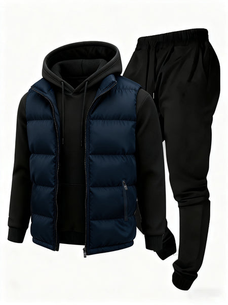 3pcs Vest Casual Set for Men Men's Casual Cartoon Drawstring Pocket Hoodie and Sports Drawstring Trousers Matching Set