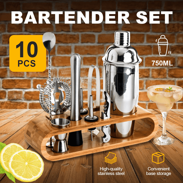 Mixology Bartender Kit Stainless Steel Cocktail Shaker Set with Wooden Stand, Bartender Kit 10 Pieces Bar Accessories for Home Bar Tools with a 25 oz Drink Shaker, Drink Mixer Plus Recipes